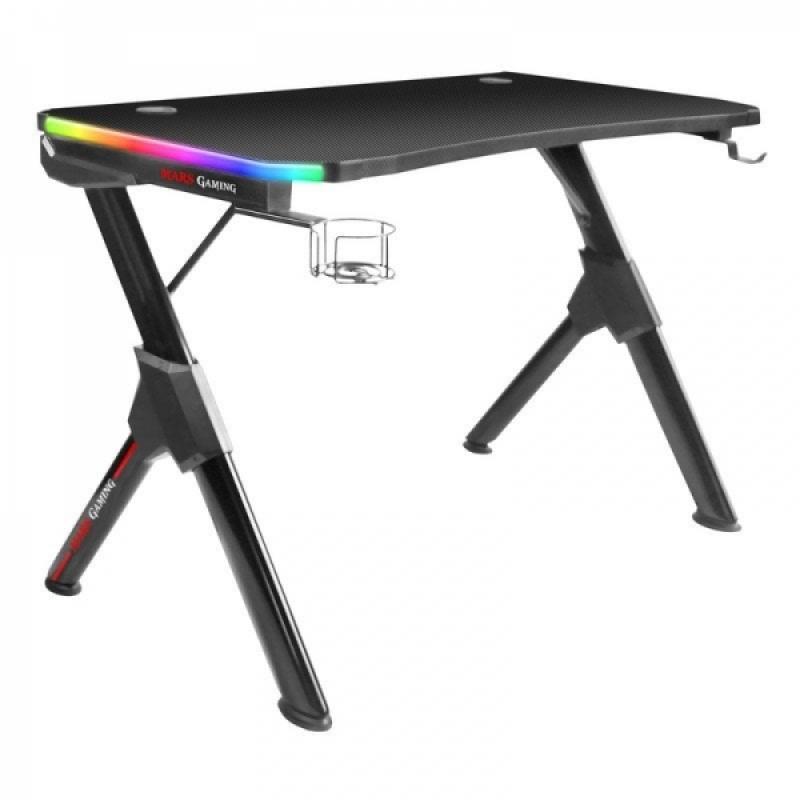 Mars Gaming MGD RGB Mesa Gaming - Iluminacion 3D ARGB - Estructura de Acero en Y - Tablero de Fibra de Carbono - Soportes Extern