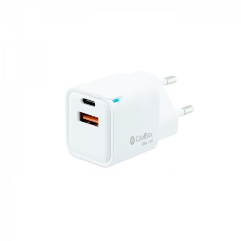 Coolbox Cargador de Pared GaN 20W USB-C/USB-A Carga Rapida - Compacto - Dual USB - Eficiencia Energetica - Color Blanco