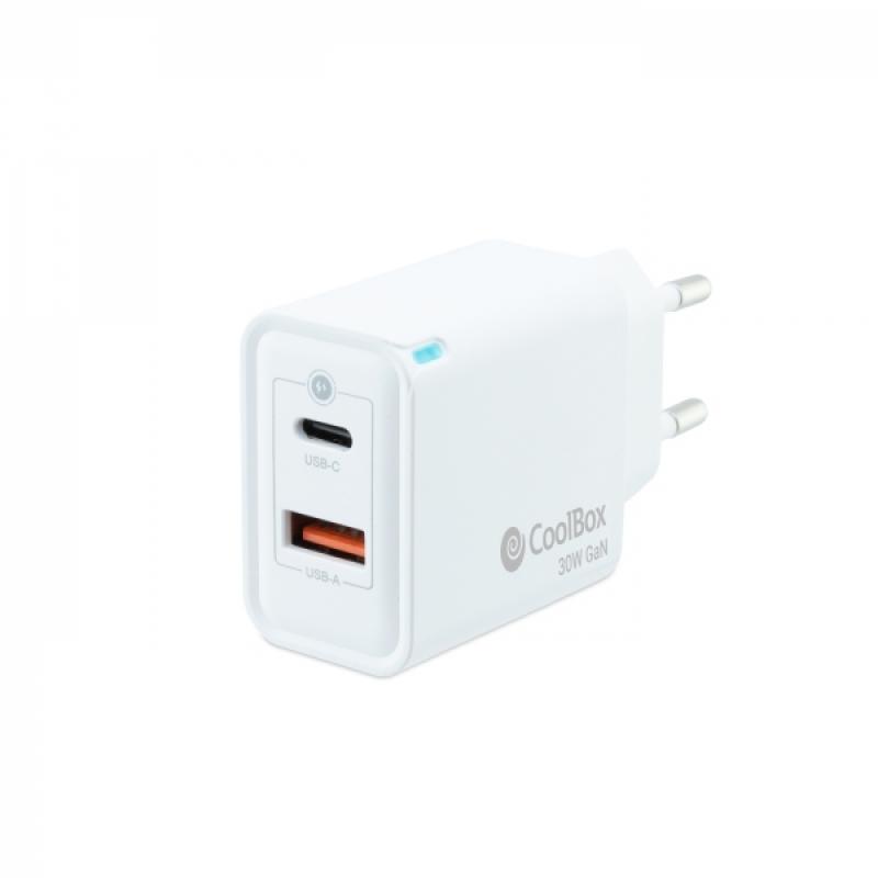 Coolbox Cargador de Pared GaN 30W USB-C/USB-A Carga Rapida - Compacto - Dual USB - Eficiencia Energetica. - Color Blanco