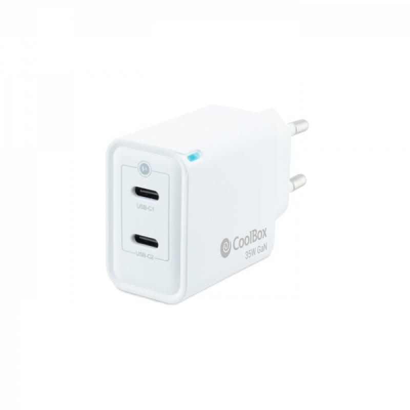 Coolbox Cargador de Pared GaN 35W USB-C/USB-C Carga Rapida - Compacto - Tecnologia GaN - Doble Puerto USB-C - Color Blanco