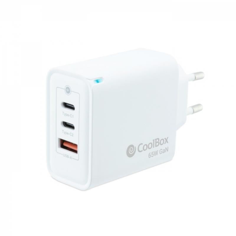 Coolbox Cargador de Pared GaN 65W USB-C/USB-C/USB-A Carga Rapida - Tecnologia GaN - Compatible con Multiples Dispositivos - Dise